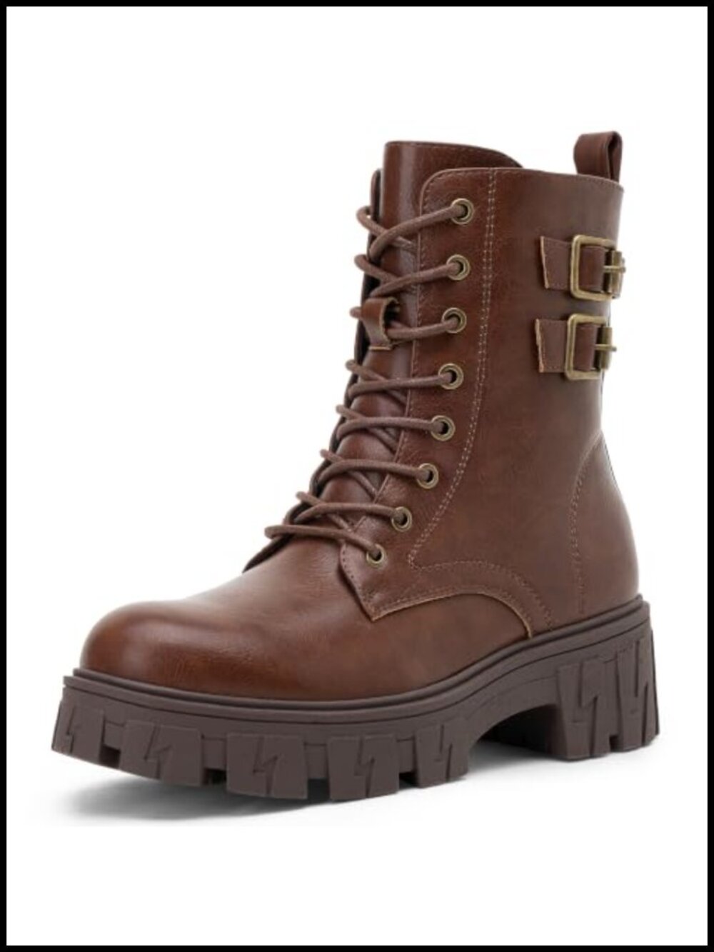 Womens Combat Boots Faux Leather Lace-Up Platform Ankle Booties Chunky Heel